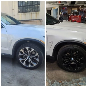 suv before and after picture of powder coated wheels